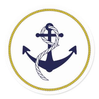 Custom Nautical Anchor Navy Blue White Gold Classic Round Sticker