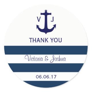 Custom Nautical Navy Blue Stripes Anchor Wedding Classic Round Sticker
