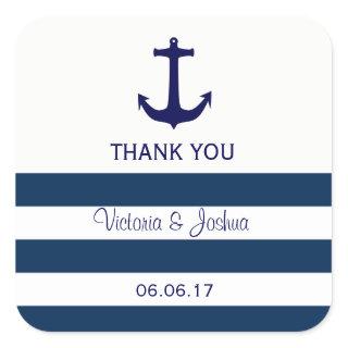 Custom Nautical Navy Blue Stripes Anchor Wedding Square Sticker