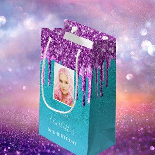 Custom photo birthday teal purple glitter drips small gift bag