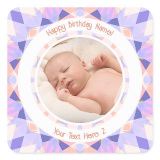 Custom Photo Name Age Pink Purple Birthday Star Square Sticker