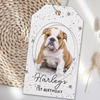 Custom Photo Pet Dog Birthday Silver Glitter Stars Gift Tags