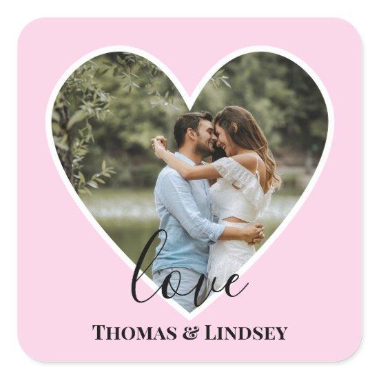 Custom Photo Pink Heart Frame Modern Calligraphy Square Sticker