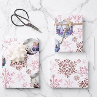 Custom Photo Red and Pink Snowflakes Set of 3  Sheets