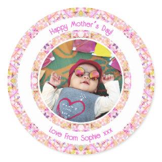 Custom Photo Vibrant Pink Happy Green Mother’s Day Classic Round Sticker