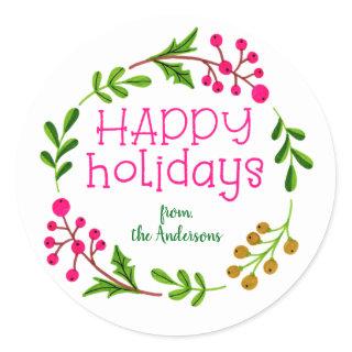 Custom Pink and White Happy Holidays Wreath Classic Round Sticker