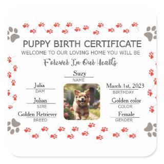 Custom Puppy Birth Certificate Square Sticker
