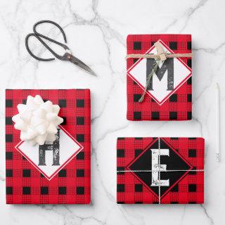 Custom red & black buffalo plaid Monogram initial  Sheets