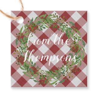 Custom Red Gingham Stripes and Wreath Motif on Favor Tags