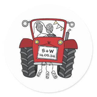 Custom Red Tractor Country Barn Rustic Wedding Classic Round Sticker