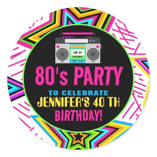 Custom Retro Neon 80's Birthday Party Classic Round Sticker