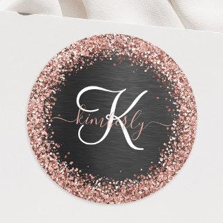 Custom Rose Gold Glitter Black Sparkle Monogram Classic Round Sticker