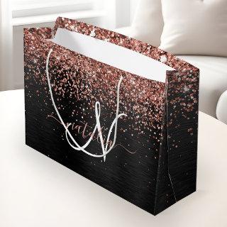 Custom Rose Gold Glitter Black Sparkle Monogram Large Gift Bag