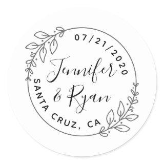 Custom Round Laurel Wreath Wedding Save The Date Classic Round Sticker