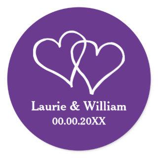 Custom royal purple double heart wedding stickers