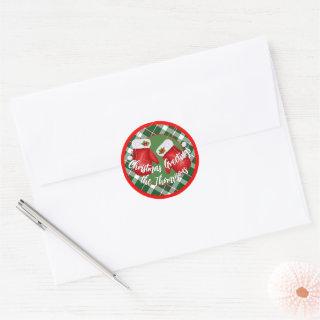 Custom Santas Mittens On Red Green Plaid Pattern Classic Round Sticker