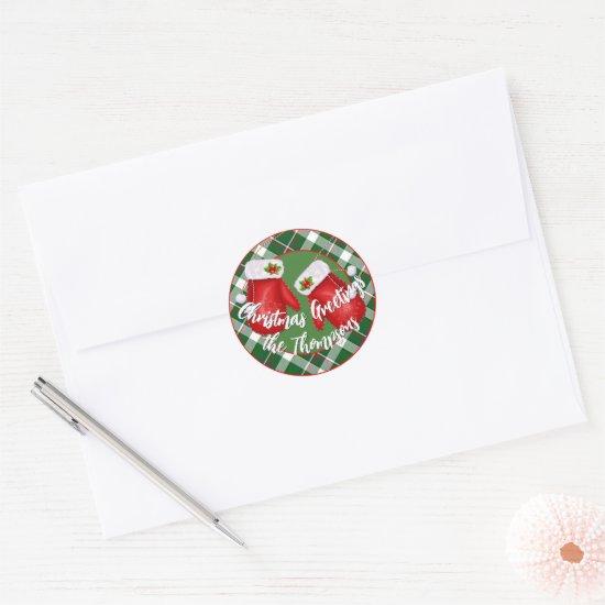 Custom Santas Mittens On Red Green Plaid Pattern Classic Round Sticker
