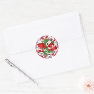 Custom Santas Mittens On Red Green Plaid Pattern Classic Round Sticker