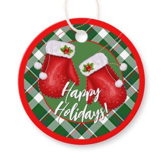 Custom Santas Mittens On Red Green Plaid Pattern Favor Tags