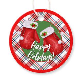 Custom Santas Mittens On Red Green Plaid Pattern Favor Tags