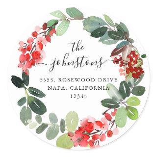 Custom Script Text Holiday Wreath Return Address Classic Round Sticker