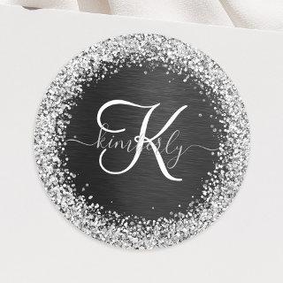 Custom Silver Glitter Black Sparkle Monogram Classic Round Sticker