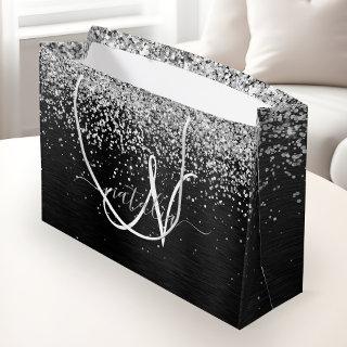 Custom Silver Glitter Black Sparkle Monogram Large Gift Bag