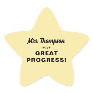 Custom Teacher Name Great Progress! Pastel Yellow Star Sticker