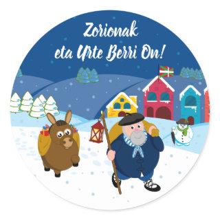Custom text Basque Olentzero Christmas snow scene: Classic Round Sticker