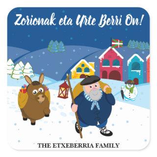 Custom text Basque Olentzero Christmas snow scene: Square Sticker