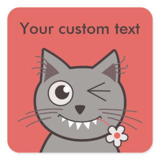 Custom Text Funny Winking Cartoon Kitty Cat Square Sticker