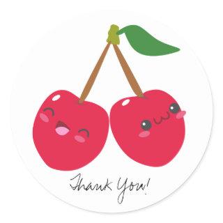 Custom Text Kawaii Happy Red Cherries Cute Fruit Classic Round Sticker