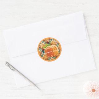 Custom Text On Autumn Plaid Pattern 20XX Classic Round Sticker