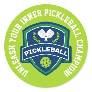 Custom text Pickleball green and blue Classic Round Sticker