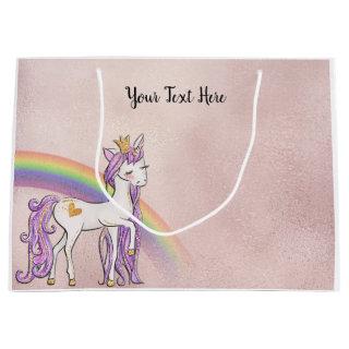 Custom Text/ Rose Gold White Unicorn Rainbow Large Gift Bag