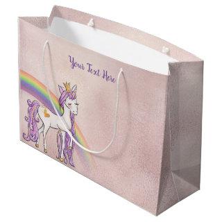 Custom Text/ Rose Gold White Unicorn Rainbow Large Gift Bag