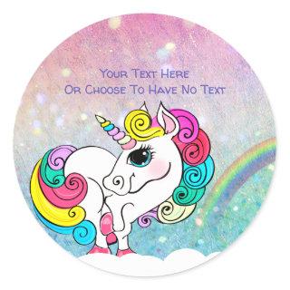 Custom Text/ White Unicorn Rainbow Glitter Sequins Classic Round Sticker