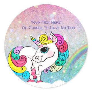 Custom Text/ White Unicorn Rainbow Glitter Sequins Classic Round Sticker