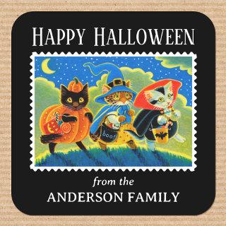 Custom Trick or Treat Halloween Cat Witch Square Sticker