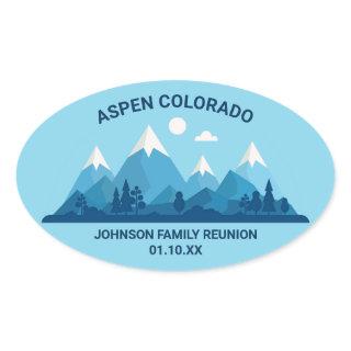 Custom Winter Family Reunion Party Snowy Mountain Oval Sticker