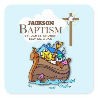 Customizable, Baby Boy Baptism Noah's Ark Square Sticker