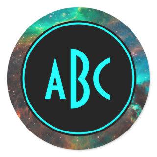 Customizable Black and Aqua Three Letter Monogram Classic Round Sticker