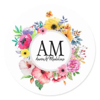 Customizable Floral Monogram Colorful Bouquet Classic Round Sticker