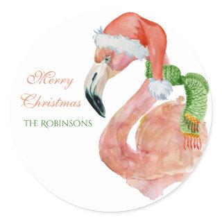 Customizable Name Pink Christmas Santa Flamingo  Classic Round Sticker