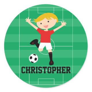Customizable Soccer Boy 1 Red and White Classic Round Sticker