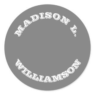Customize Name last name curved letters grey white Classic Round Sticker