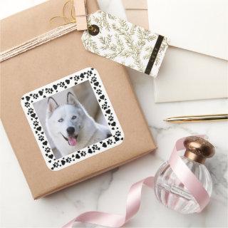 Customize Pet Photo Dog Paw Prints in Hearts Frame Square Sticker