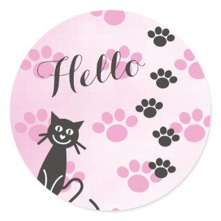 Customize Text Cat © Pink Black Paw Prints Classic Round Sticker