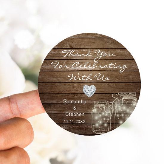 Customized Rustic Mason Jars Wood Hearts Wedding Classic Round Sticker
