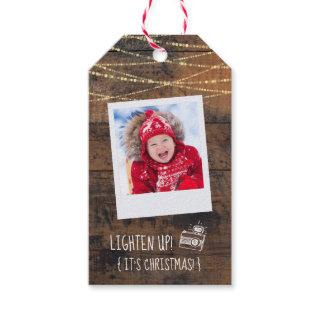 Cute 2-Sided Photo Camera Lighten Up Rustic Wood Gift Tags